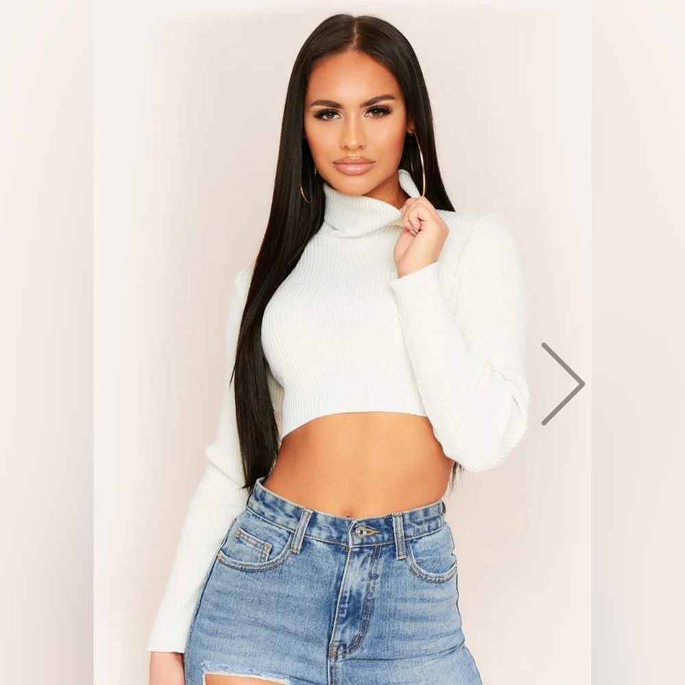 Cropped knitted turtleneck sweater, white , US 2